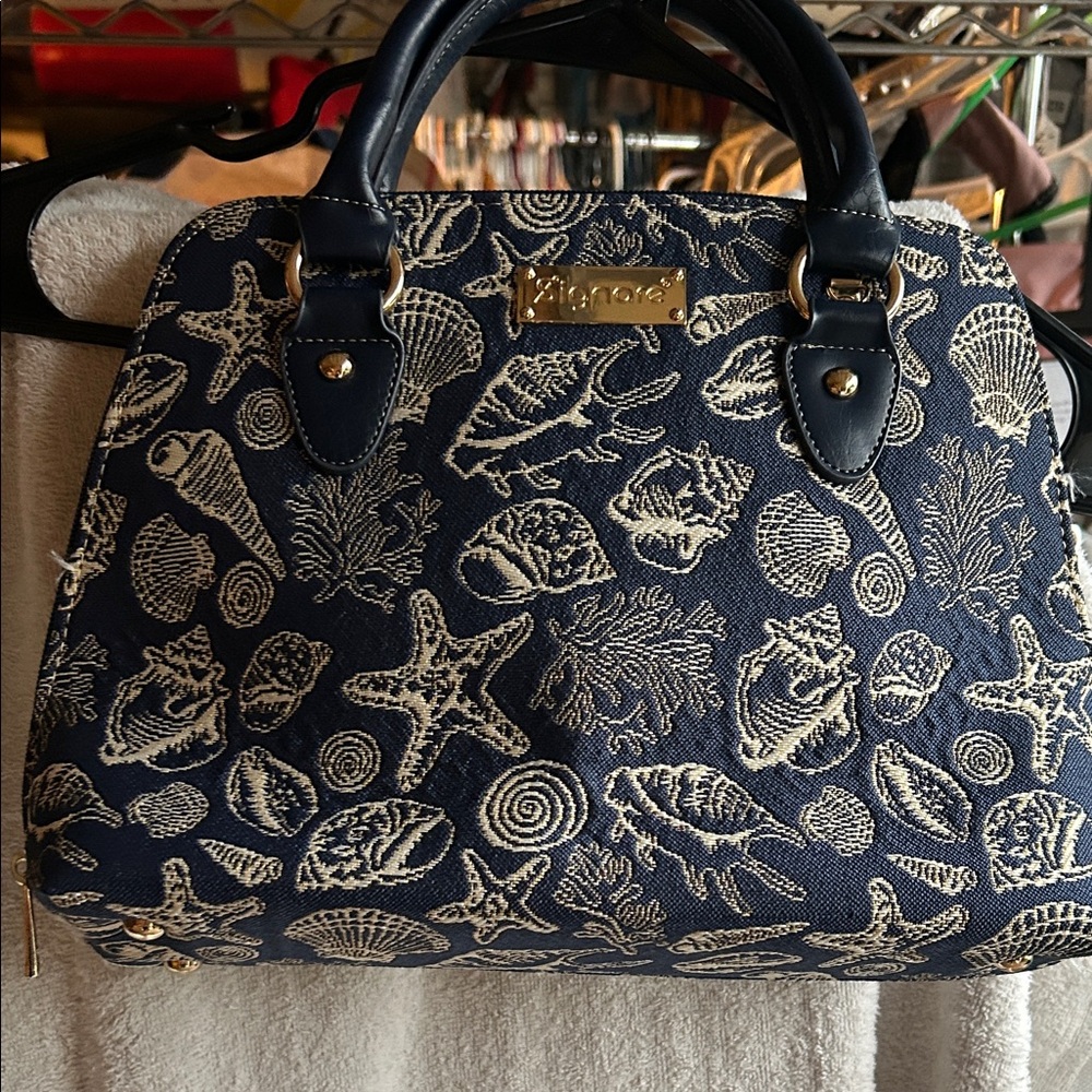 Embroidered Shell-Pattern Navy Satchel with Gold Hardware